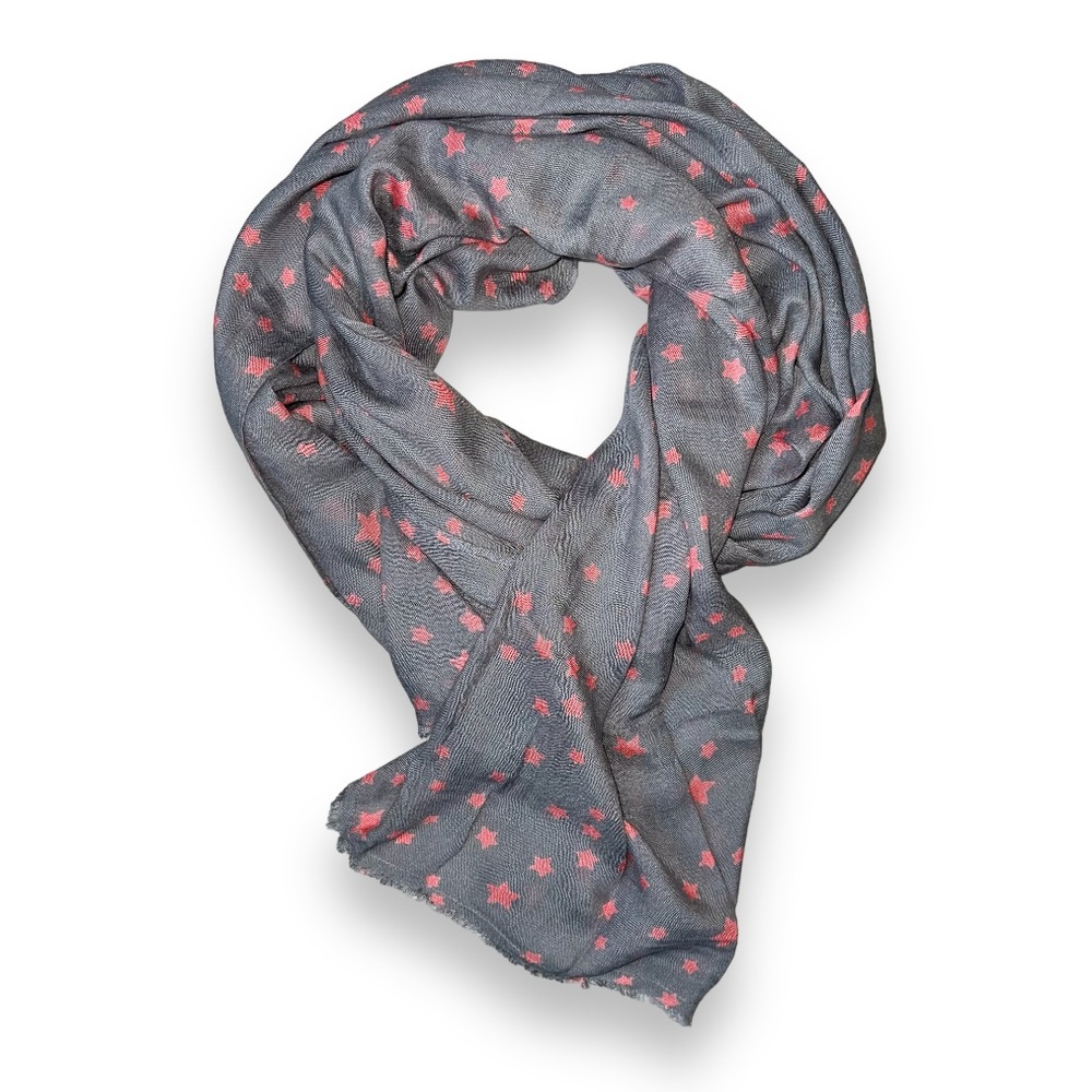 Super Soft Lightweight Grey Scarf with Pink Stars | EUC